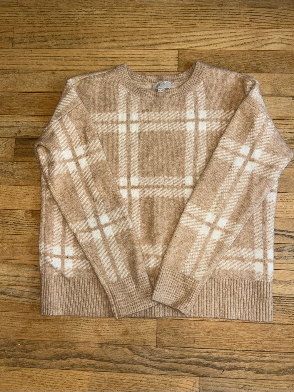 LOFT Plaid Crewneck Sweater in Beige and Cream